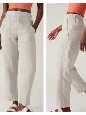 ATHLETA Petite Beige VOYAGER 100% Linen Waist Buckle Lightweight Crop/Ankle Pant